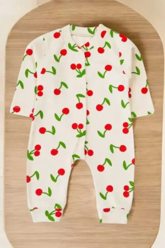 Baby Girl Big Cherry Report Printed Baby Jumpsuit Ribbed Snap Newborn 100% Cotton 1-3-6 Months-Ecru - 4