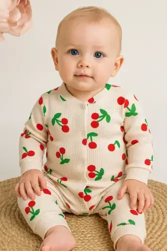 Baby Girl Big Cherry Report Printed Baby Jumpsuit Ribbed Snap Newborn 100% Cotton 1-3-6 Months-Ecru - 5