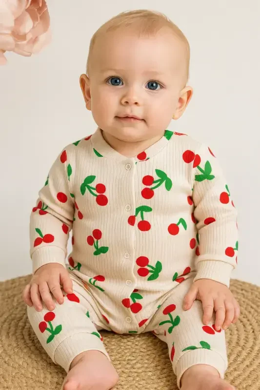 Baby Girl Big Cherry Report Printed Baby Jumpsuit Ribbed Snap Newborn 100% Cotton 1-3-6 Months-Ecru - 5