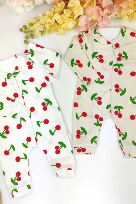 Baby Girl Big Cherry Report Printed Baby Jumpsuit Ribbed Snap Newborn 100% Cotton 1-3-6 Months-Ecru - 3
