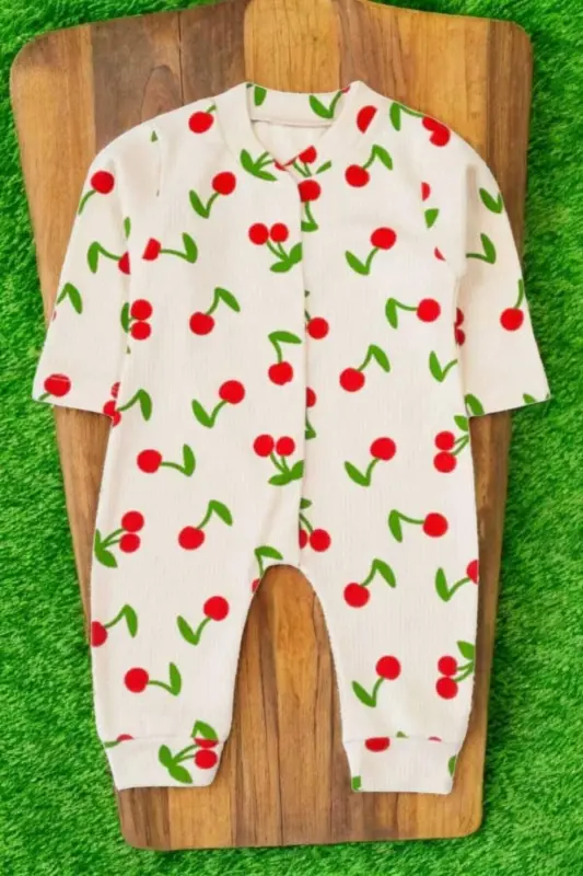 Baby Girl Big Cherry Report Printed Baby Jumpsuit Ribbed Snap Newborn 100% Cotton 1-3-6 Months-Ecru - 4