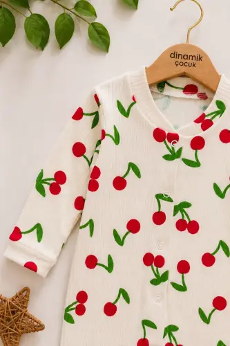 Baby Girl Big Cherry Report Printed Baby Jumpsuit Ribbed Snap Newborn 100% Cotton 1-3-6 Months-Ecru - DINAMIK ÇOCUK (1)