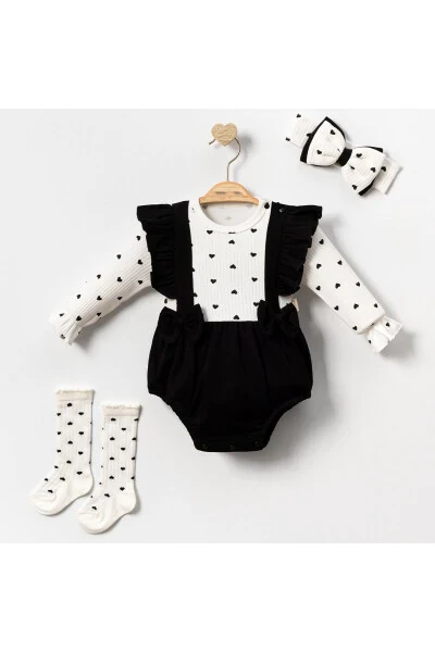 Baby Girl Bow Romper with Bandana and Socks, Snap Bodysuit, Black Polka Dot - 4
