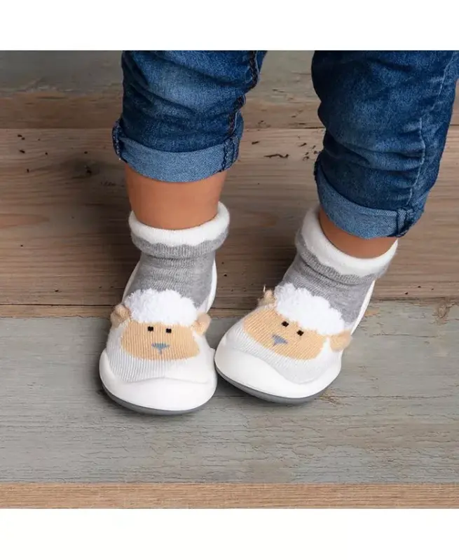 Baby Girl Boy First Walk Sock Shoes Little Lamb - Heather Grey - 3