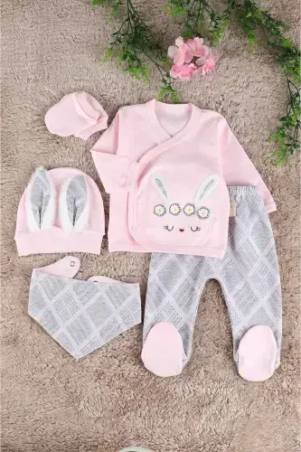 Baby Girl Bunny Ear 100% Organic Cotton 5 Piece Hospital Discharge Set / Newborn Baby Outfit - EGE BEBEK (1)