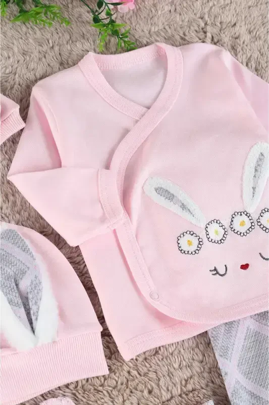 Baby Girl Bunny Ear 100% Organic Cotton 5 Piece Hospital Discharge Set / Newborn Baby Outfit - 5