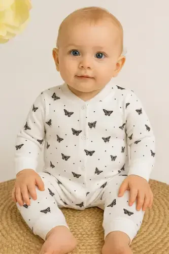 Baby Girl Butterfly Print Snap Fastener Newborn Baby Jumpsuit 100% Cotton Flexible 1-3-6 Months-WHITE BUTTERFLY - 6