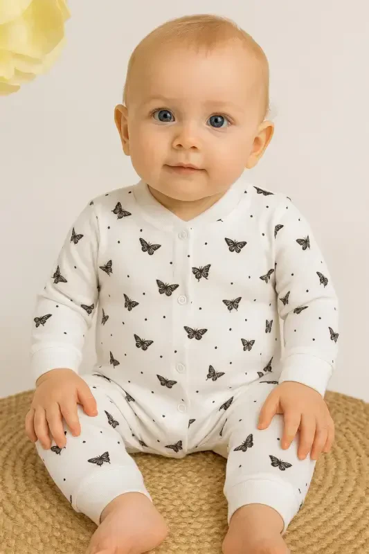 Baby Girl Butterfly Print Snap Fastener Newborn Baby Jumpsuit 100% Cotton Flexible 1-3-6 Months-WHITE BUTTERFLY - 6