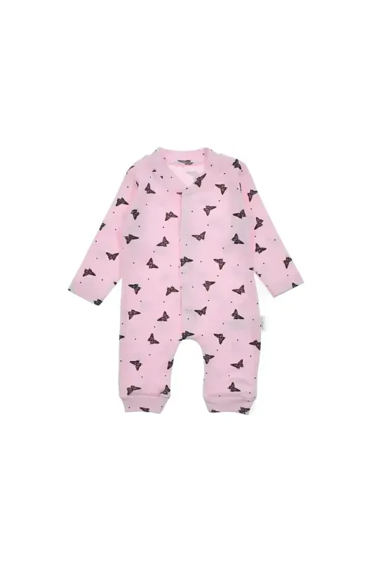 Baby Girl Butterfly Print Snap-Front Newborn Baby Romper 100% Cotton Flexible 1-3-6 Months-Powder - DINAMIK ÇOCUK