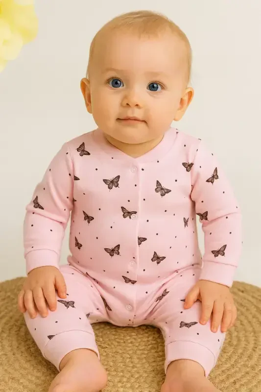 Baby Girl Butterfly Print Snap-Front Newborn Baby Romper 100% Cotton Flexible 1-3-6 Months-Powder - 2