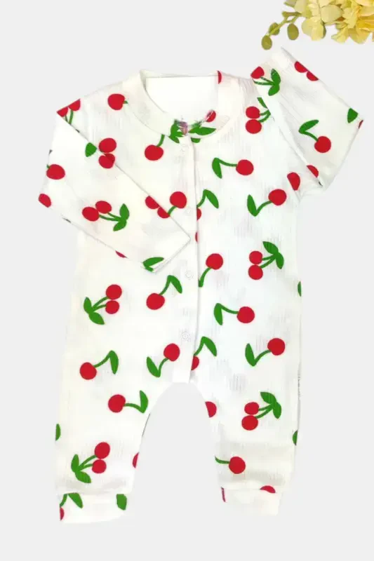Baby Girl Cherry Print Report Babygrow Ribbed Snap Newborn 100% Cotton 1-3-6 Months-White - 1