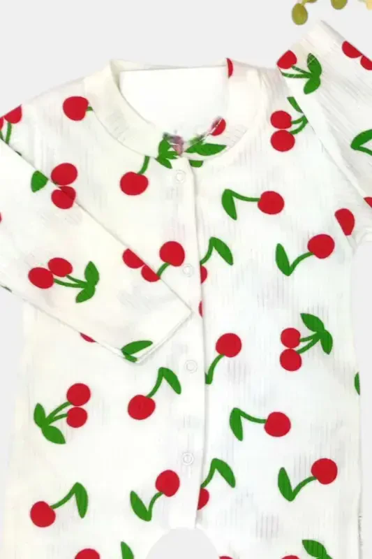 Baby Girl Cherry Print Report Babygrow Ribbed Snap Newborn 100% Cotton 1-3-6 Months-White - 2