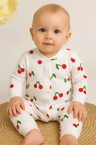 Baby Girl Cherry Print Report Babygrow Ribbed Snap Newborn 100% Cotton 1-3-6 Months-White - 3