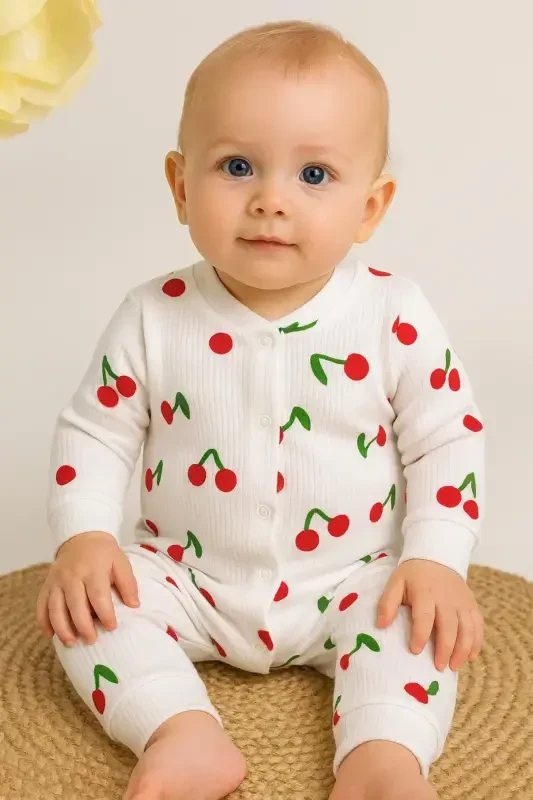 Baby Girl Cherry Print Report Babygrow Ribbed Snap Newborn 100% Cotton 1-3-6 Months-White - 3