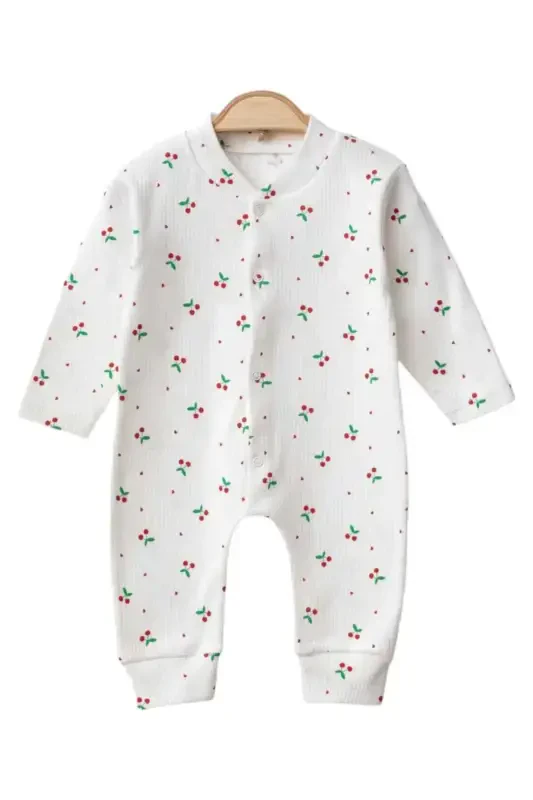 Baby Girl Cherry Print Snap-On Newborn Baby Romper 100% Cotton Flexible 1-3-6 Months-WHITE CHERRY - 1