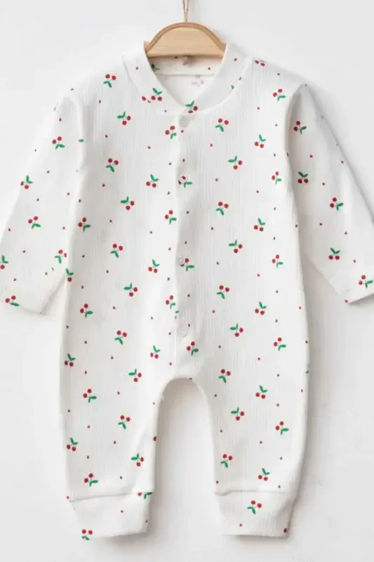 Baby Girl Cherry Print Snap-On Newborn Baby Romper 100% Cotton Flexible 1-3-6 Months-WHITE CHERRY - 2