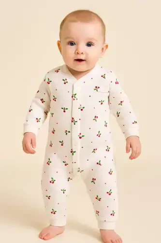 Baby Girl Cherry Print Snap-On Newborn Baby Romper 100% Cotton Flexible 1-3-6 Months-WHITE CHERRY - 5
