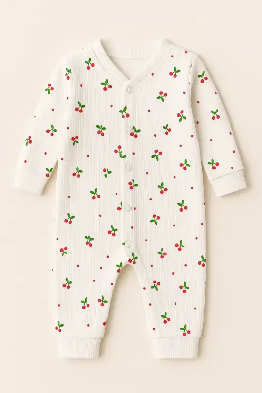 Baby Girl Cherry Print Snap-On Newborn Baby Romper 100% Cotton Flexible 1-3-6 Months-WHITE CHERRY - 6