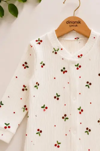 Baby Girl Cherry Print Snap-On Newborn Baby Romper 100% Cotton Flexible 1-3-6 Months-WHITE CHERRY - DINAMIK ÇOCUK (1)