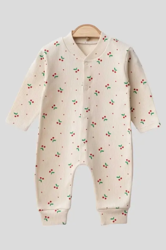 Baby Girl Cherry Print Snap-Up Newborn Romper 100% Cotton Flexible 1-3-6 Months-ECRU CHERRY - 4