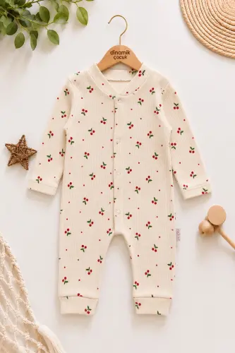 Baby Girl Cherry Print Snap-Up Newborn Romper 100% Cotton Flexible 1-3-6 Months-ECRU CHERRY 
