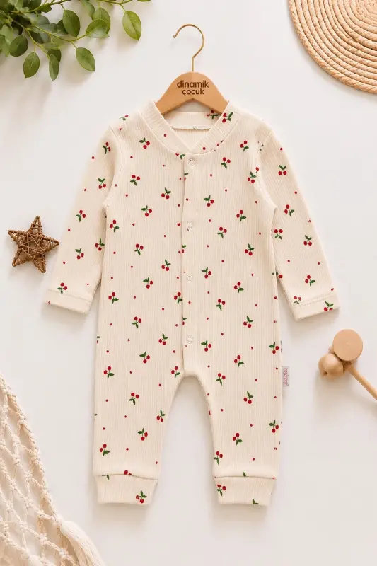 Baby Girl Cherry Print Snap-Up Newborn Romper 100% Cotton Flexible 1-3-6 Months-ECRU CHERRY - DINAMIK ÇOCUK