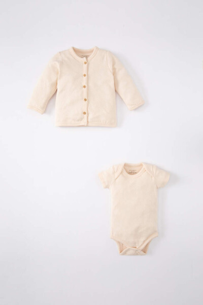 Baby Girl Cotton Cardigan Short Sleeve Snap Button Body 2-Piece Set Sand - 1