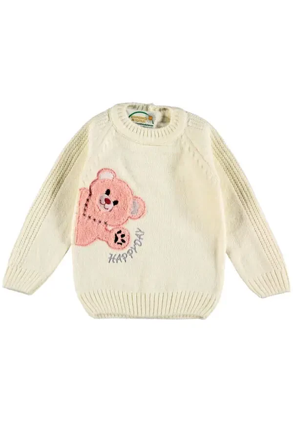 Baby Girl Cream Color Crew Neck Plush Bear Detail Wool Knit Winter Sweater - 1