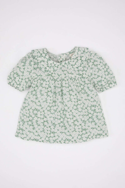 Baby Girl Crew Neck Crinkle Viscose Short Sleeve Shirt Mint - 1