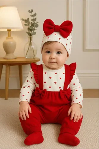 Baby Girl Cute Heart Red Frilled Newborn Bowed Beanie Romper My-1051mc - GENEL MARKALAR