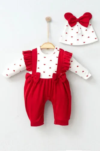 Baby Girl Cute Heart Red Frilled Newborn Bowed Beanie Romper My-1051mc - GENEL MARKALAR (1)