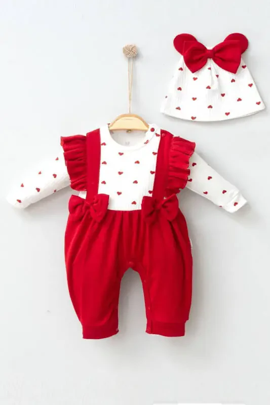 Baby Girl Cute Heart Red Frilled Newborn Bowed Beanie Romper My-1051mc - 2