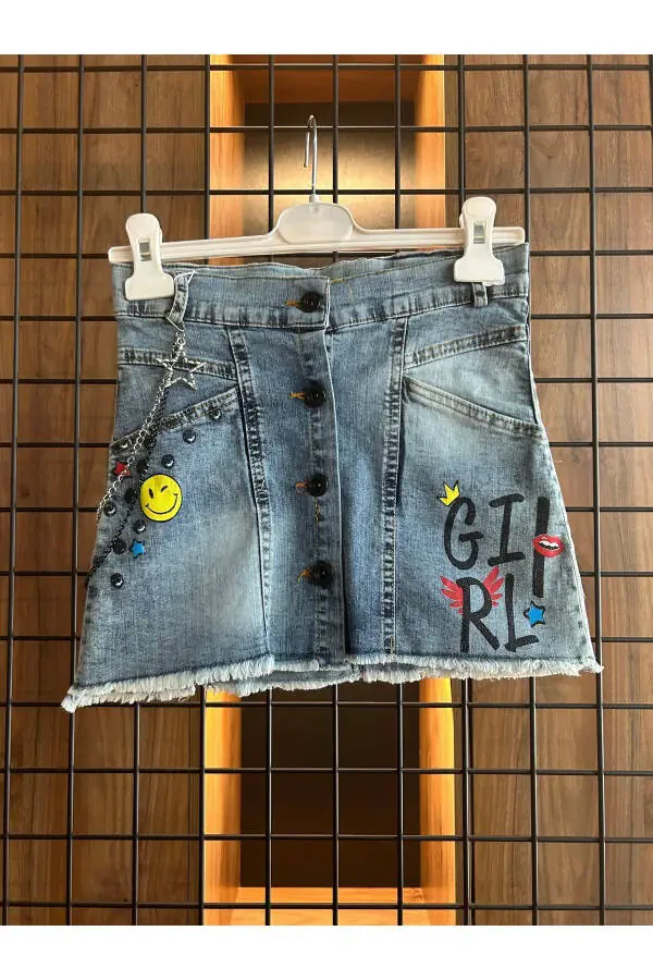Baby Girl Denim Skirt with Chain and Smiley Face - 1
