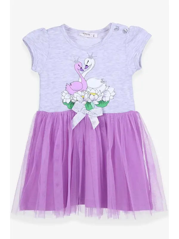 Baby Girl Dress Swan Printed Gray Melange (1.5-2 Years Old)-Gray - 1