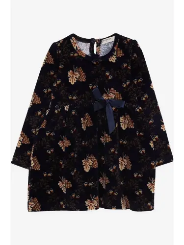 Baby Girl Dress Velvet Floral Pattern Navy Blue (1.5-2 Years)-Navy Blue - 1