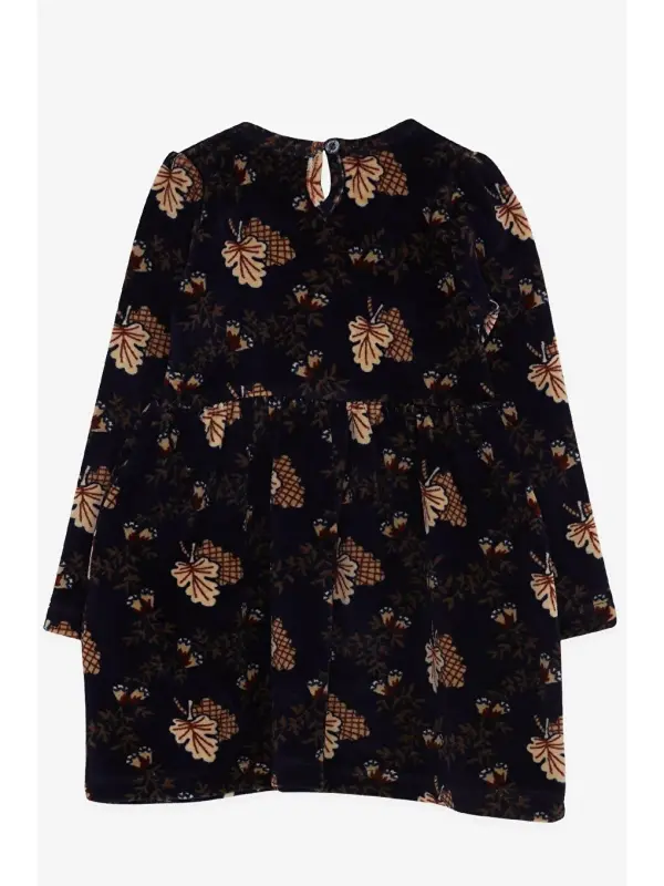 Baby Girl Dress Velvet Floral Pattern Navy Blue (1.5-2 Years)-Navy Blue - 2