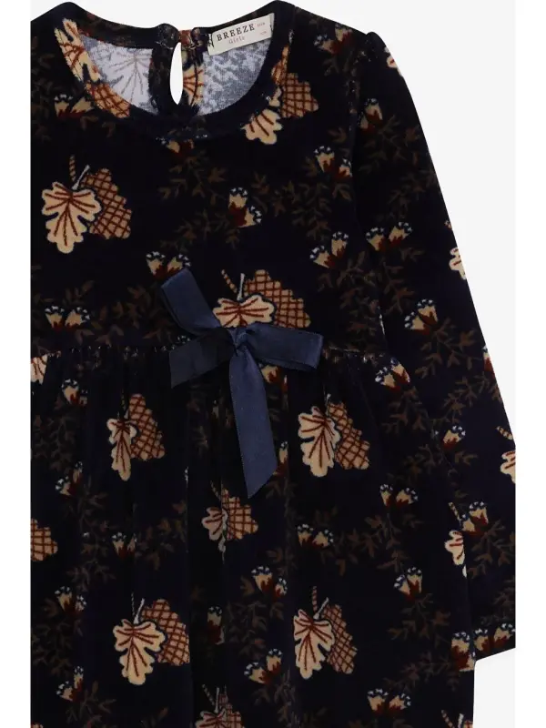 Baby Girl Dress Velvet Floral Pattern Navy Blue (1.5-2 Years)-Navy Blue - 3