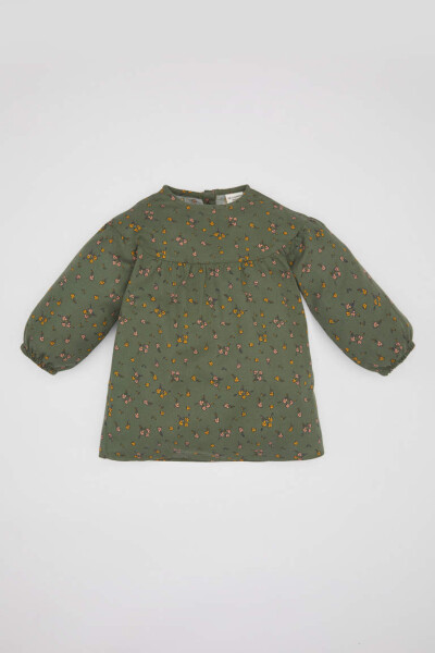 Baby Girl Floral Long Sleeve Twill Dress Dark Green - 1