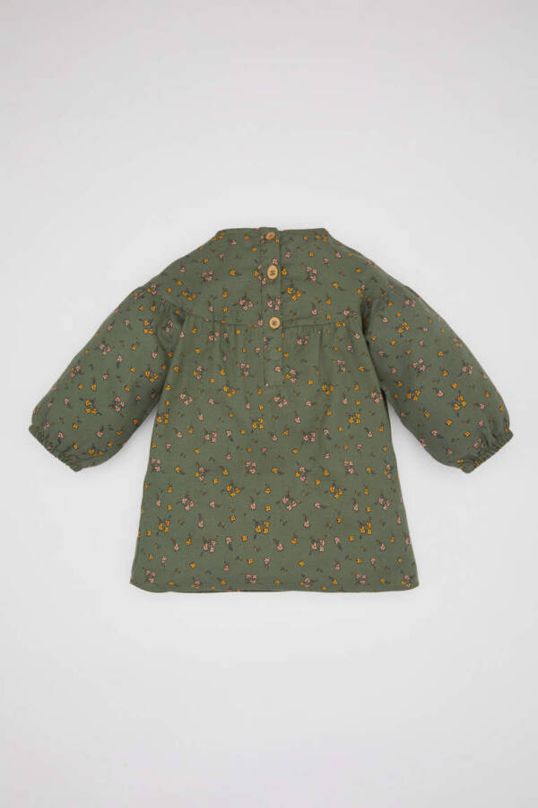 Baby Girl Floral Long Sleeve Twill Dress Dark Green - 5