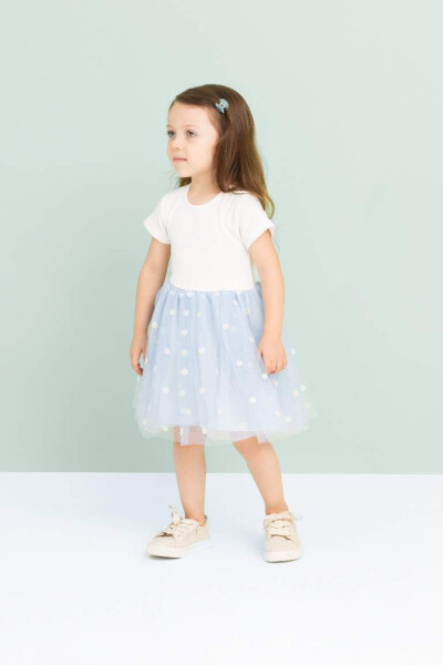 Baby Girl Floral Ribbed Bodice Short Sleeve Tutu Dress Light Blue - 2