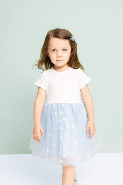 Baby Girl Floral Ribbed Bodice Short Sleeve Tutu Dress Light Blue - 3