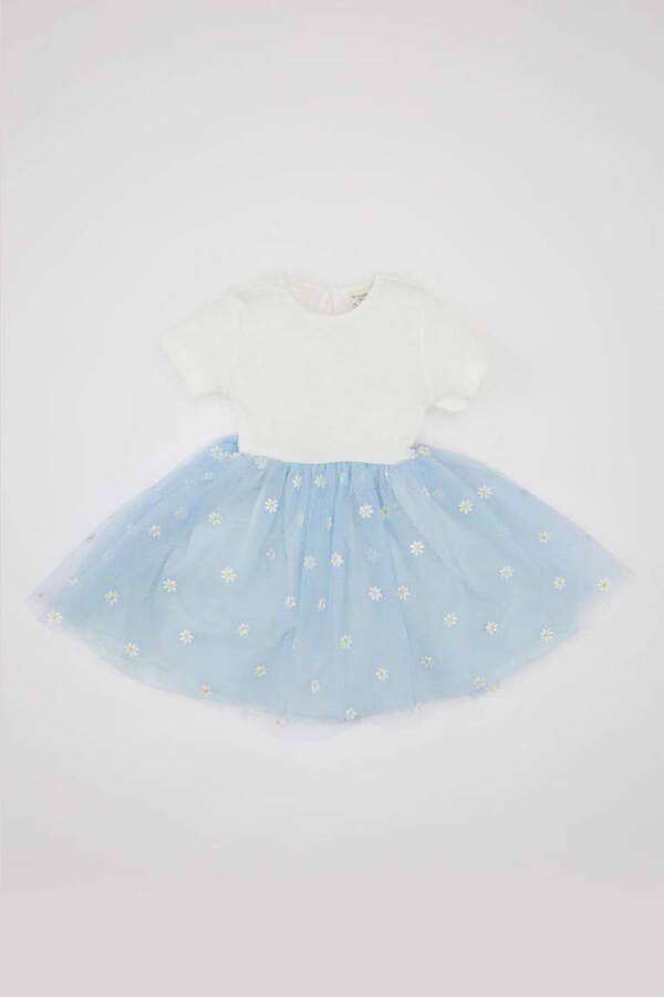 Baby Girl Floral Ribbed Bodice Short Sleeve Tutu Dress Light Blue - 5