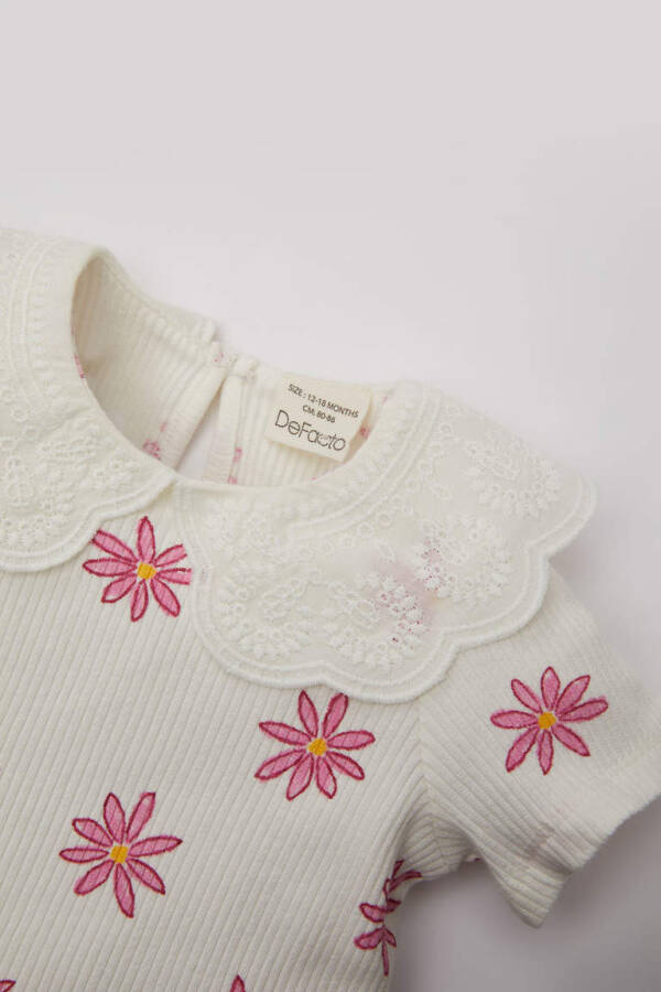 Baby Girl Floral Ribbed Bodysuit Short Sleeve T-Shirt Ecru - 2