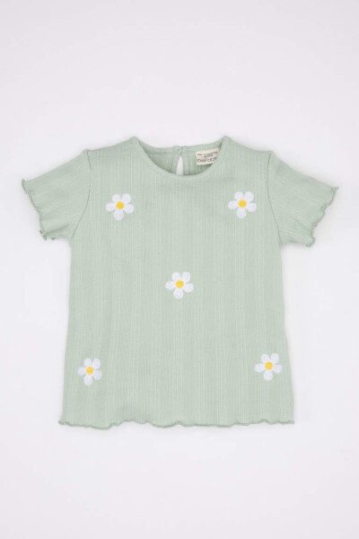 Baby Girl Floral Ribbed Knit Short Sleeve T-Shirt Mint - 1