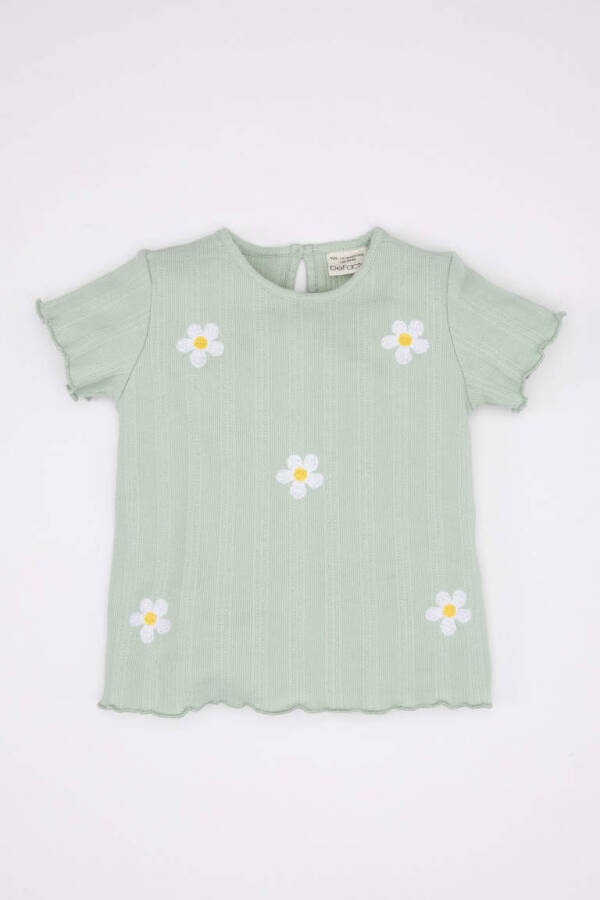 Baby Girl Floral Ribbed Knit Short Sleeve T-Shirt Mint - 1