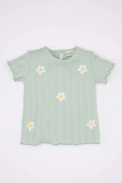 Baby Girl Floral Ribbed Knit Short Sleeve T-Shirt Mint - 5