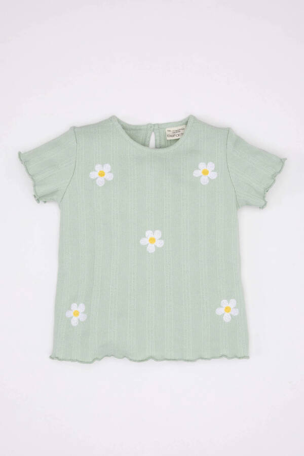 Baby Girl Floral Ribbed Knit Short Sleeve T-Shirt Mint - 5