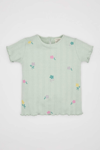 Baby Girl Floral Ribbed Knit Short Sleeve T-Shirt Mint - 1