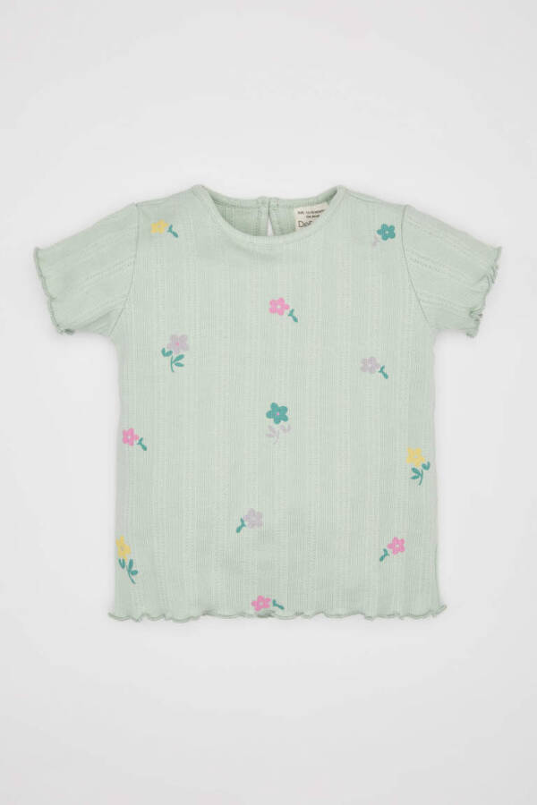 Baby Girl Floral Ribbed Knit Short Sleeve T-Shirt Mint - 1