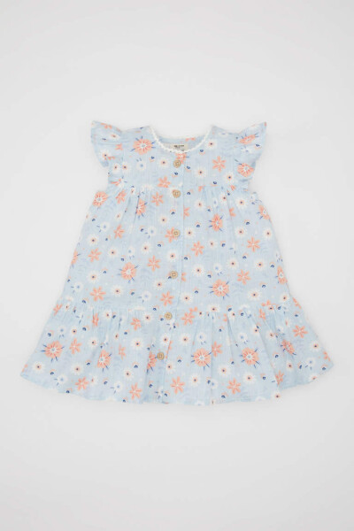 Baby Girl Floral Sleeveless Poplin Dress Light Blue - 1